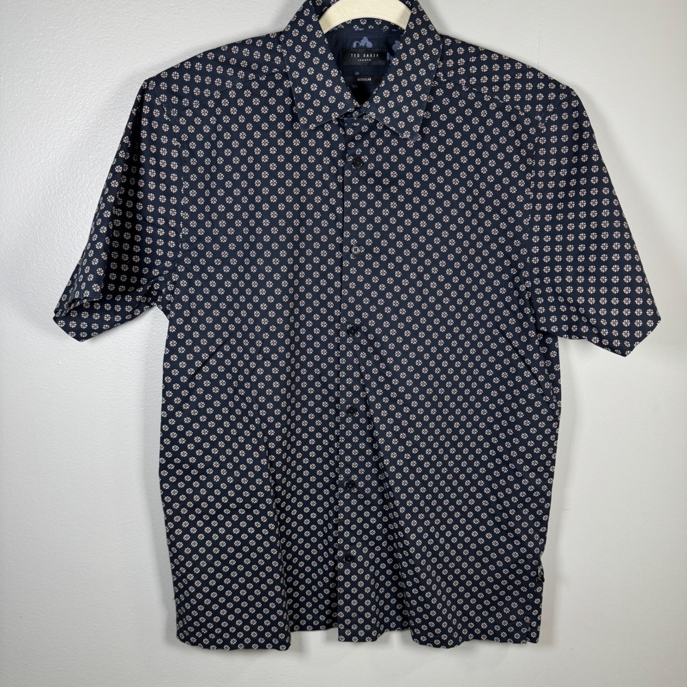 Ted Baker London Navy Blue Geometric Short Sleeve Button Down Shirt Mens 6